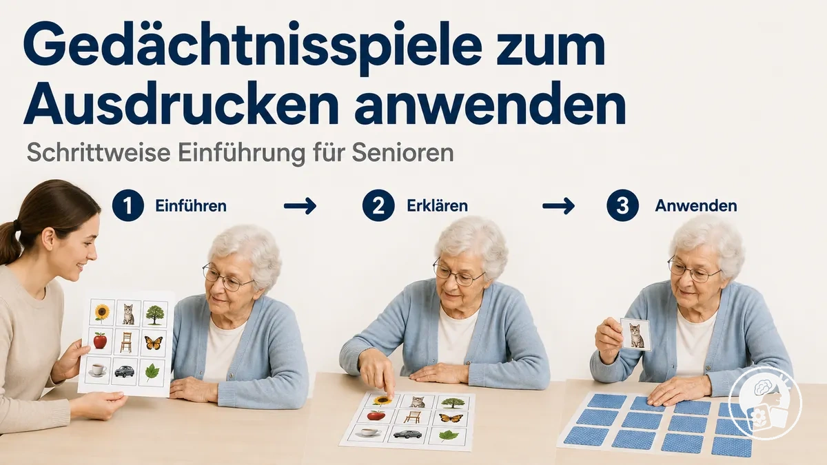 Senior lernt Schritt für Schritt den Umgang mit einem Gedächtnisspiel zum Ausdrucken