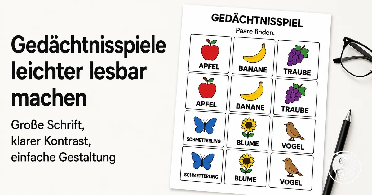 Gedächtnisspiel mit großer Schrift, deutlichem Kontrast und einfacher Gestaltung für Senioren
