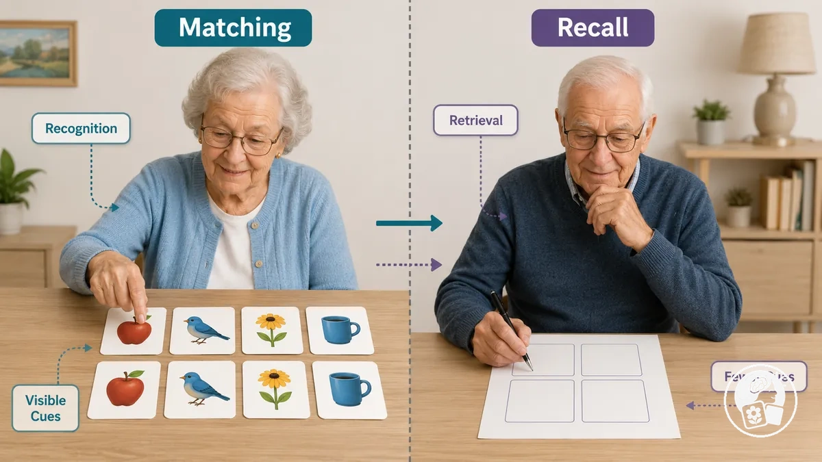 Zuordnungspaare mit sichtbaren Hinweisen im Vergleich zum Abrufen nach reduzierten Hinweisen bei ausdruckbaren Gedächtnisspielen