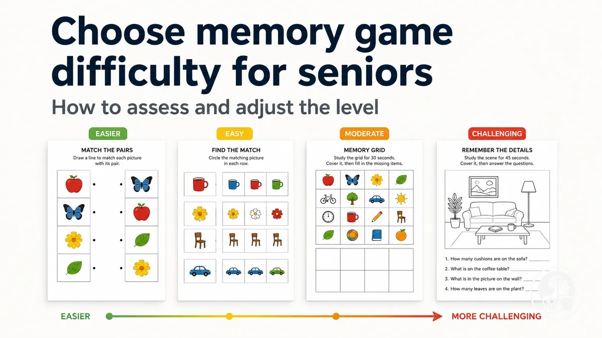 Printable memory games arranged from easier to more challenging levels for seniors