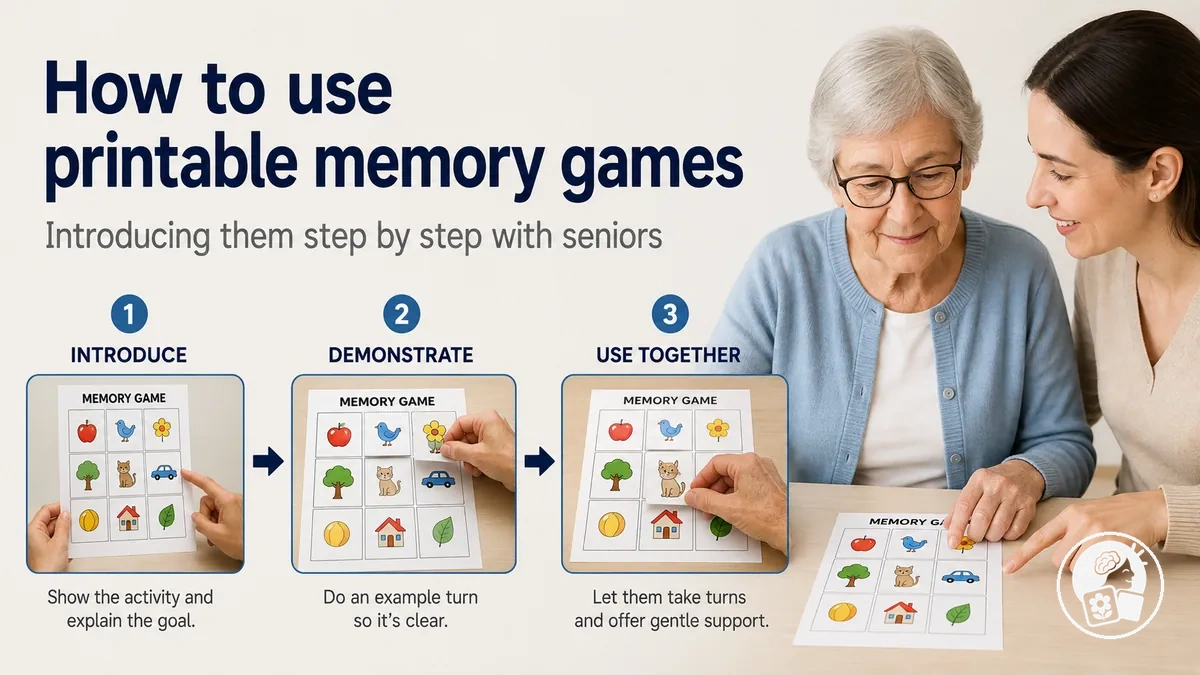 Senior being shown how to use a printable memory game step by step