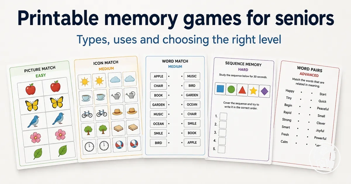 Printable memory game activities for seniors in different formats and difficulty levels