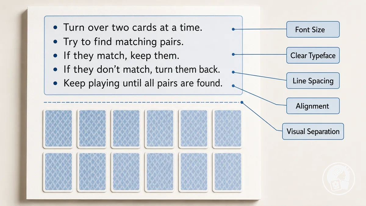 Printable memory-game sheet with readable labels, concise instructions and clearly separated game content