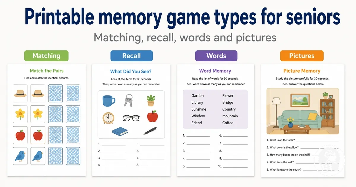 Examples of matching, recall, word and picture memory games for seniors