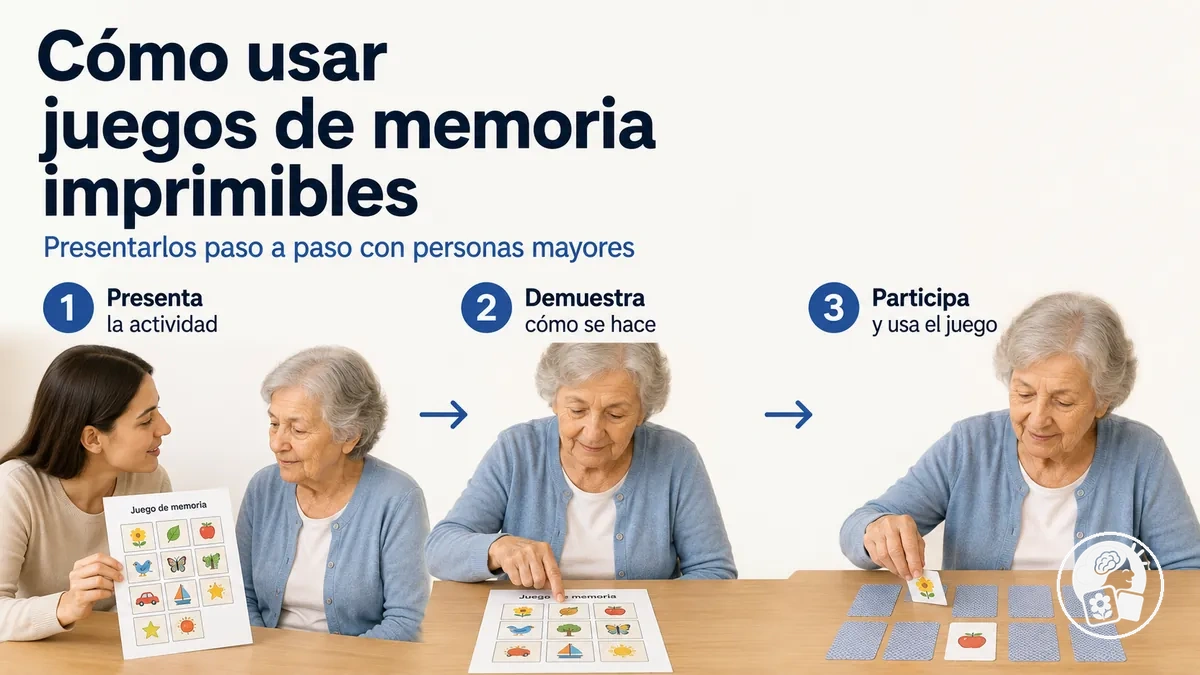 Persona mayor aprendiendo paso a paso a usar un juego de memoria imprimible