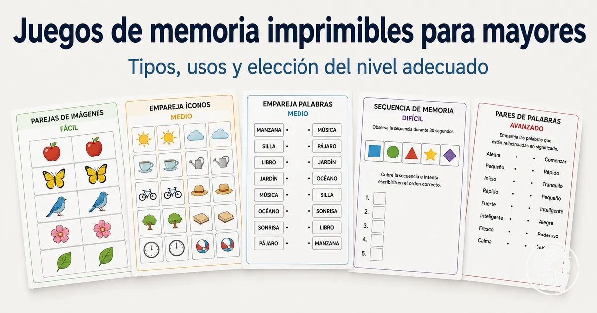 Actividades de memoria imprimibles para mayores con distintos formatos y niveles de dificultad