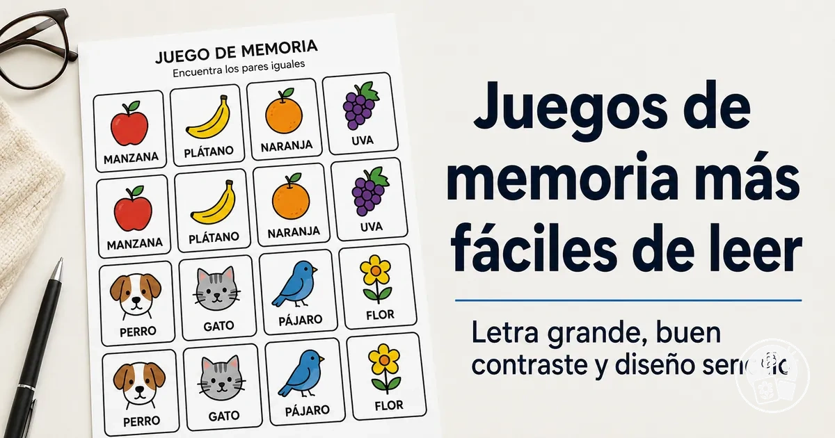 Juego de memoria en letra grande con buen contraste y diseño sencillo para personas mayores