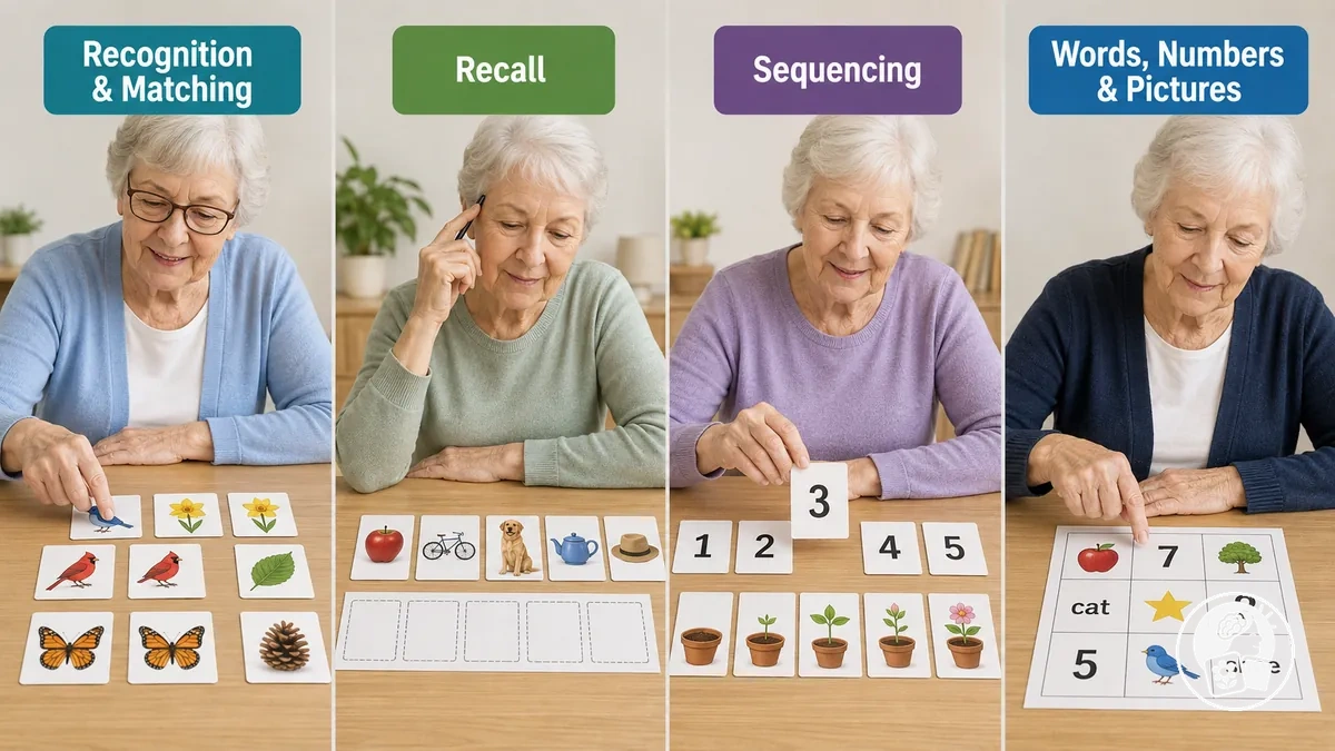 Ejemplos de juegos de memoria imprimibles con tarjetas para emparejar, evocación de imágenes, secuencias y tareas de palabras o números