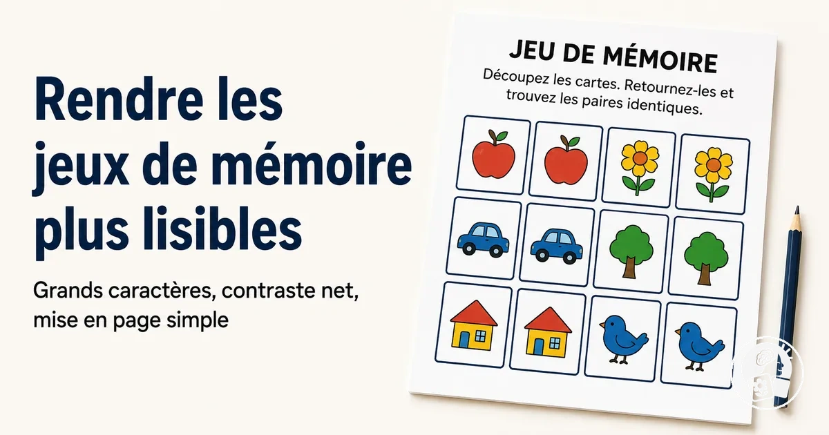 Jeu de mémoire en grands caractères avec un contraste net et une mise en page simple pour les seniors