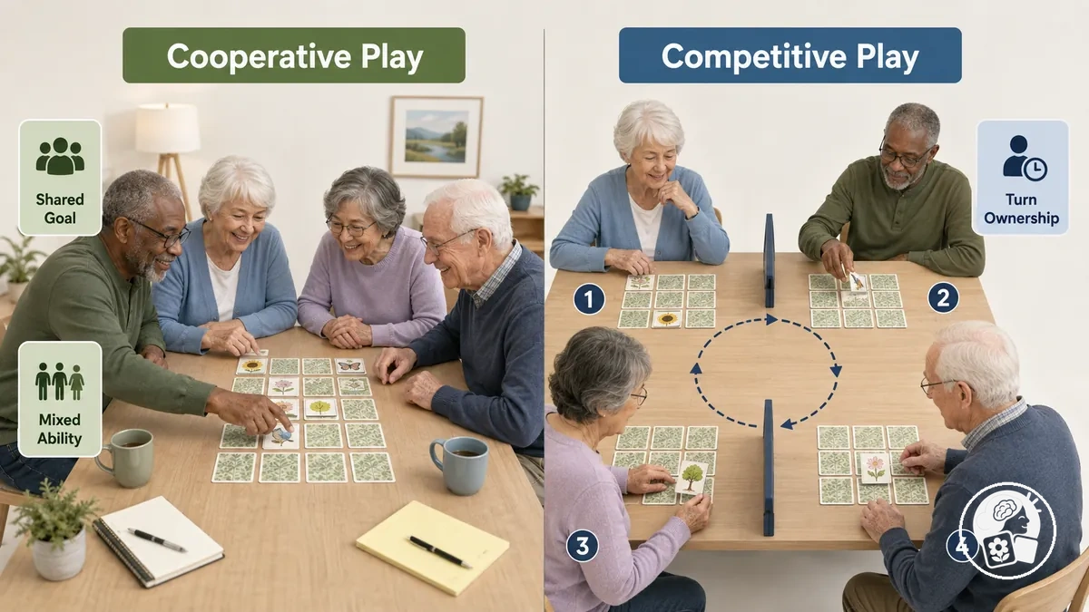 Formats de groupe coopératif et compétitif pour un jeu de mémoire à imprimer avec des seniors