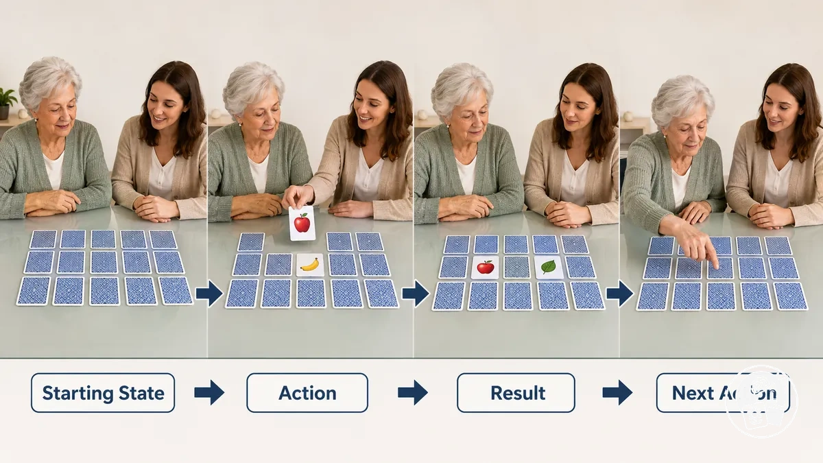 Tour de pratique annoté montrant le premier mouvement et l’action suivante dans un jeu de mémoire à imprimer