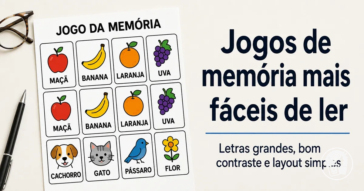 Jogo de memória com letras grandes, bom contraste e layout simples para idosos