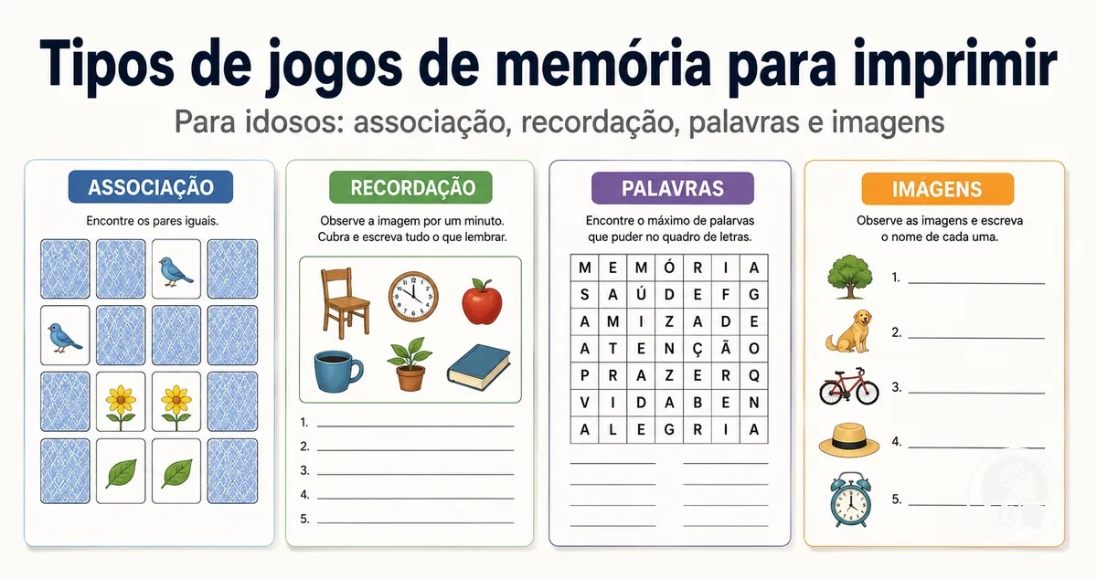 Exemplos de jogos de memória de associação, recordação, palavras e imagens para idosos