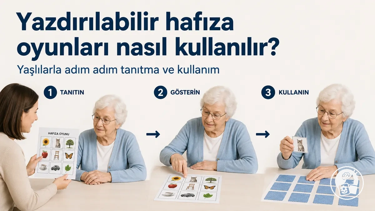 Yazdırılabilir bir hafıza oyununun nasıl kullanılacağını adım adım öğrenen yaşlı