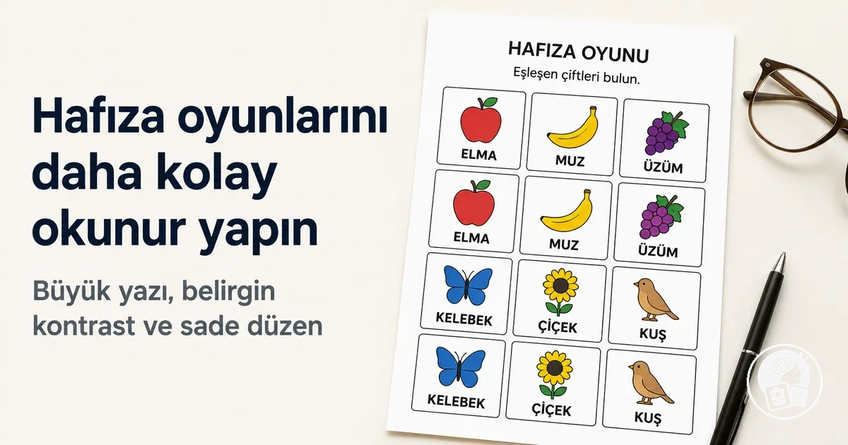 Yaşlılar için büyük yazılı, belirgin kontrastlı ve sade düzenli hafıza oyunu